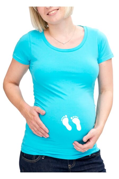 Umstandsmode T-Shirt mit lustigen Babyfüßchen - türkis