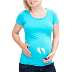 Umstandsmode T-Shirt mit lustigen Babyfüßchen - türkis M(36)