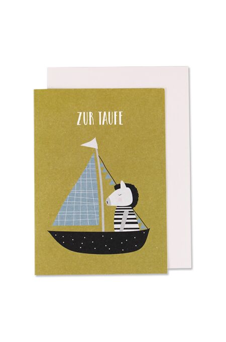Ava & Yves Klappkarte Zebra im Boot, beige - "Zur Taufe"