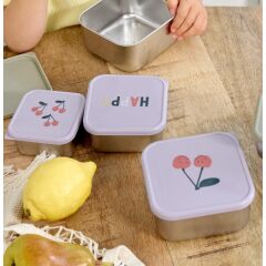 Lässig - Snackbox Kinder (3er Set) - Edelstahl Brotdose - Happy Fruits - Cherry