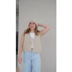 Halfen-Damen Grobstrick-Weste mit Bändchen - beige