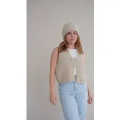 Halfen-Damen Grobstrick-Weste mit Bändchen - beige