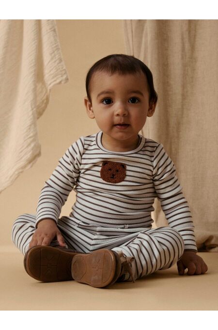 LILAtelier - Gestreifter Body mit Teddy-Plüsch-Applikation - Coconut Milk