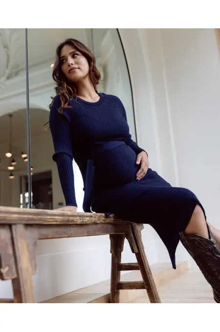 Love 2 Wait Dress Knit Belt Long Sleeves - Navy Blue