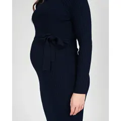 Love 2 Wait Dress Knit Belt Long Sleeves - Navy Blue