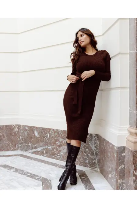 Love 2 Wait Dress Knit Belt Long Sleeves - Brown