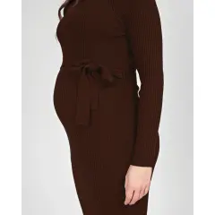 Love 2 Wait Dress Knit Belt Long Sleeves - Brown