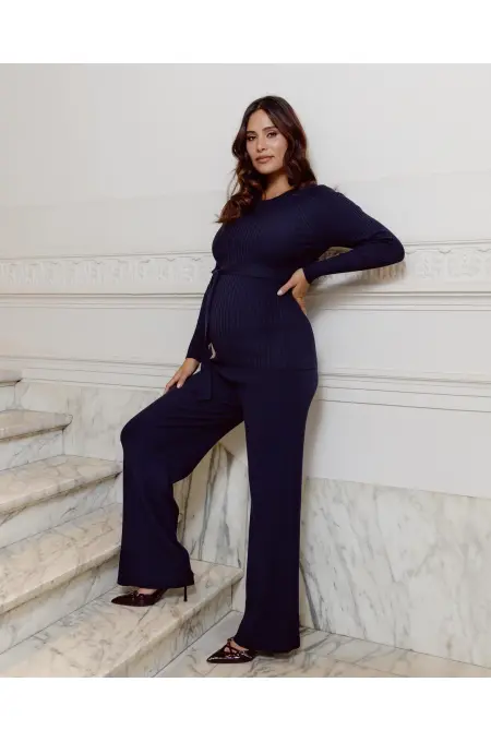 Love 2 Wait Shirt Knit Belt Long Sleeves - Navy Blue
