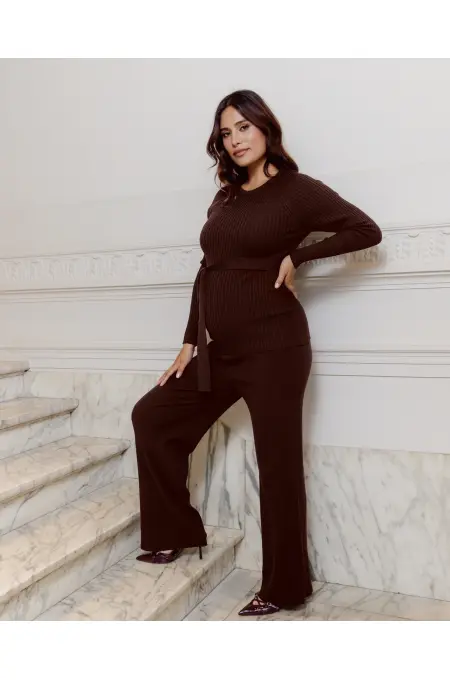 Love 2 Wait Shirt Knit Belt Long Sleeves - Brown